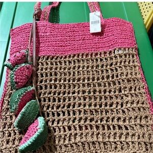 Anthropologie Rare  Raffia bag Barbie Pink Trim Watermelon Dangles Summer Ready